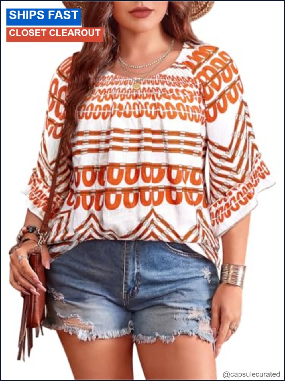 Boho Plus Size Tunic 3/4 Sleeve Smocked Neck Blouse